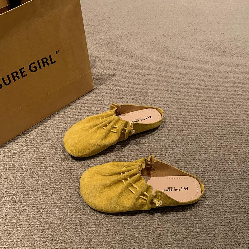 

Baotou half slippers women wear new flat-bottomed pleated lazy cool slippers versatile shoes 35 жёлтый