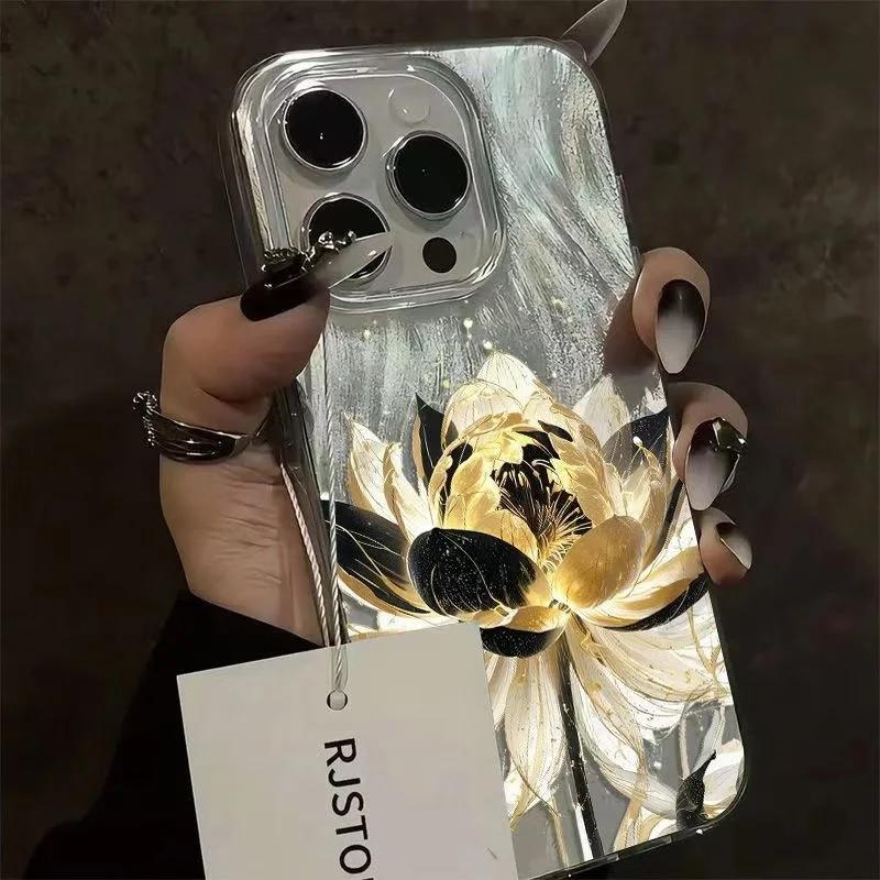 Pink Peony Lotus Print Phone Case for IPhone 16 15 14 13 12 11 Pro Max 15 Pro XS XR 7 8 Plus 16e Shockproof Silver Plated Cover