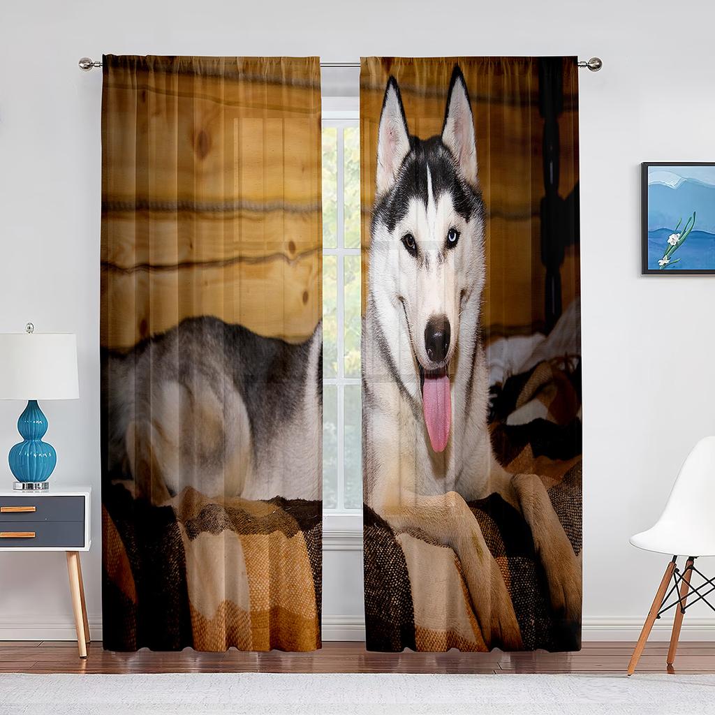 Winter Snow Husky Dog Cute Animal Puppy Sheer Voile Curtains for Living Room Bedroom Kitchen Decor Chiffon Tulle Window Curtains