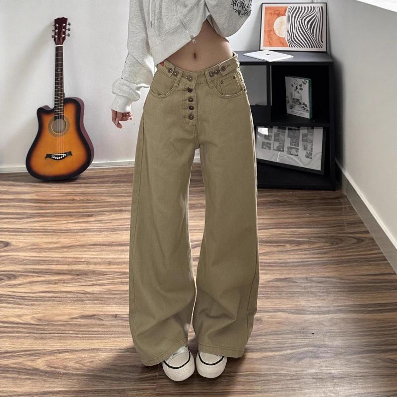 Spring Loose and Thin Khaki Small American Retro Breasted Jeans Women Trendy High Waist Solid Khaki Multi-button Wide Leg Pants S