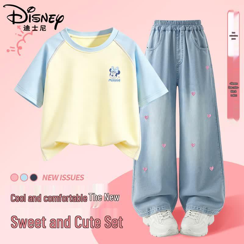 Disney Girls' Quick-Dry Short Sleeve & Wide-Leg Denim Set