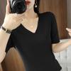 Ice Silk Short-sleeved T-shirt for Women In Summer New V-neck Half-sleeved Stylish Slim Shirt Knitted Thin T-shirt Base Top