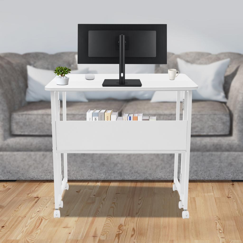 Folding Desk with Bookshelf & Wheels, Portable Table for Home Office, 80x58cm White Computer Desk, Space Saving Student Desk