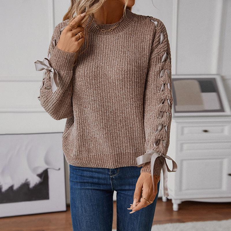 Women's Lace-up Sweater for Autumn and Winter Solid Color Loose Bow Pullover Sweater