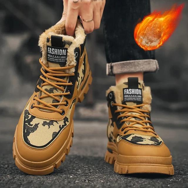 Winter New Men's Boots Warm Plush High Top Lace Up Casual Outdoor Anti Slip Fashion Plus Size 46 Camouflage Short Boots
