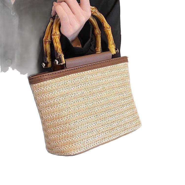 High-End Bamboo Handheld Straw Bag for Women, Niche Versatile Crossbody Woven Bucket Bag, Summer Casual Woven Bag