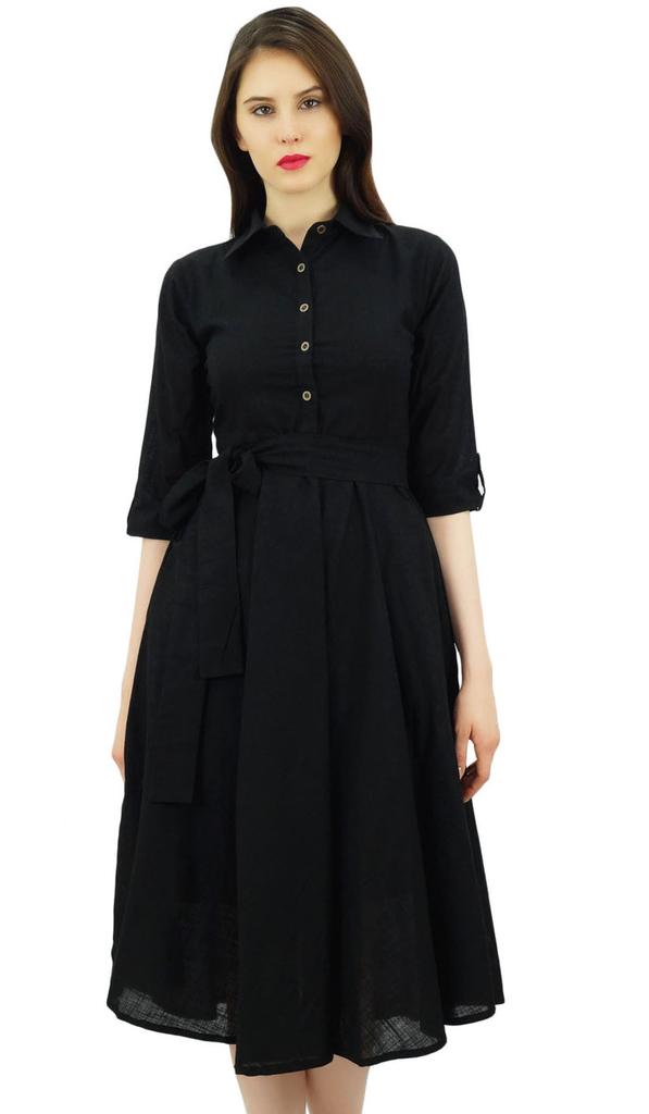 Bimba Women's 3 4 Sleeve Linen Collar Neck Solid Flared Shirt Dress with Side