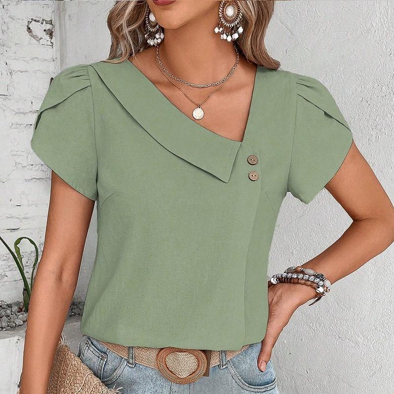 T-shirt da donna estiva con collo inclinato, tinta unita, manica corta