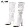 Fashion White Black Women Knee High Boots Sexy Pointed Toe Square Heels Ladies Long Slip On Female Shoes Size 35-42