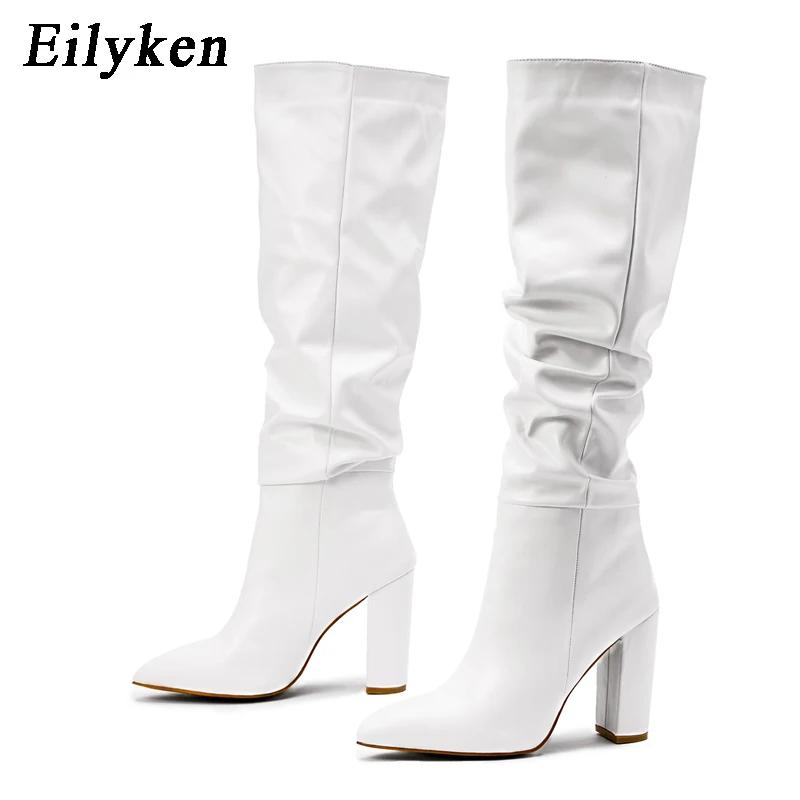 Fashion White Black Women Knee High Boots Sexy Pointed Toe Square Heels Ladies Long Slip On Female Shoes Size 35-42
