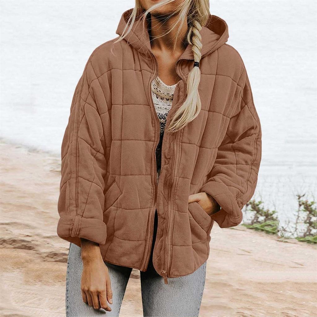 Women's Fashion Color Hooded Plaid Padded Jacket Warm Loose Fit Winter Coat