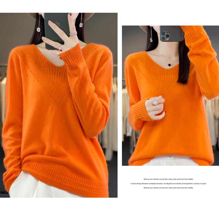 Women's Speckled Yarn Wool V-Neck Sweater - Thick, Loose-Fit, Perfect for Autumn/Winter