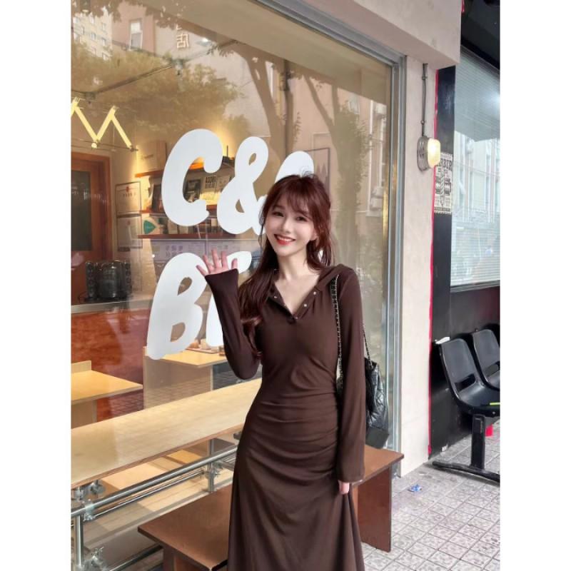 Long Sleeve Hooded Wrap-Style Midi Dress Slim Fit Casual Chic Womens Knit 2025 Small
