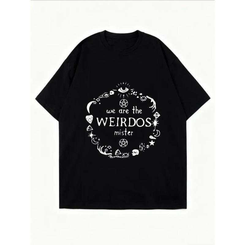 White Oversized T Shirt With We Are The WeirDos Mister Print And Cosmic Symbols For Casual Wear And Street Style