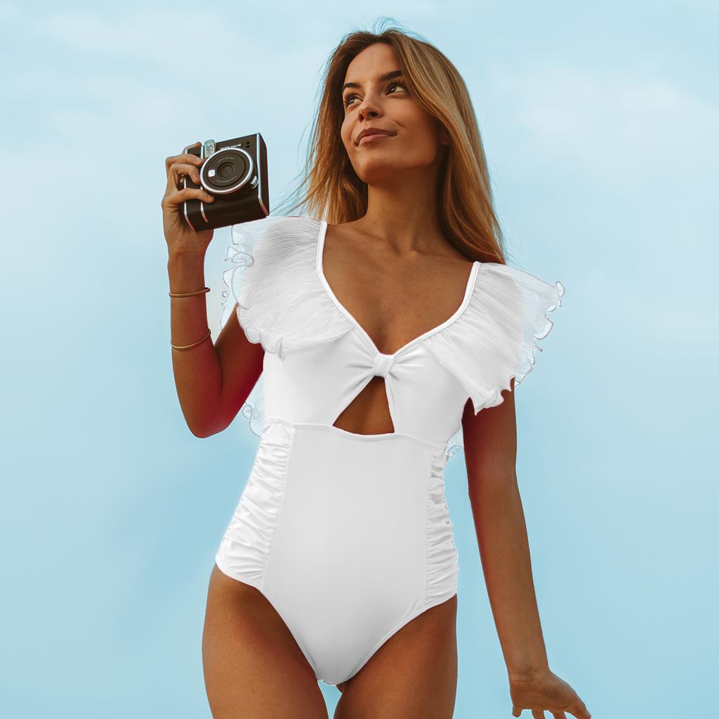 2024 New Ruffle Swimwear Women V Neck One Piece Swimsuit Summer Halter Beachwear Sexy Bathing Suit Vintage Swimwear Monokini Fem