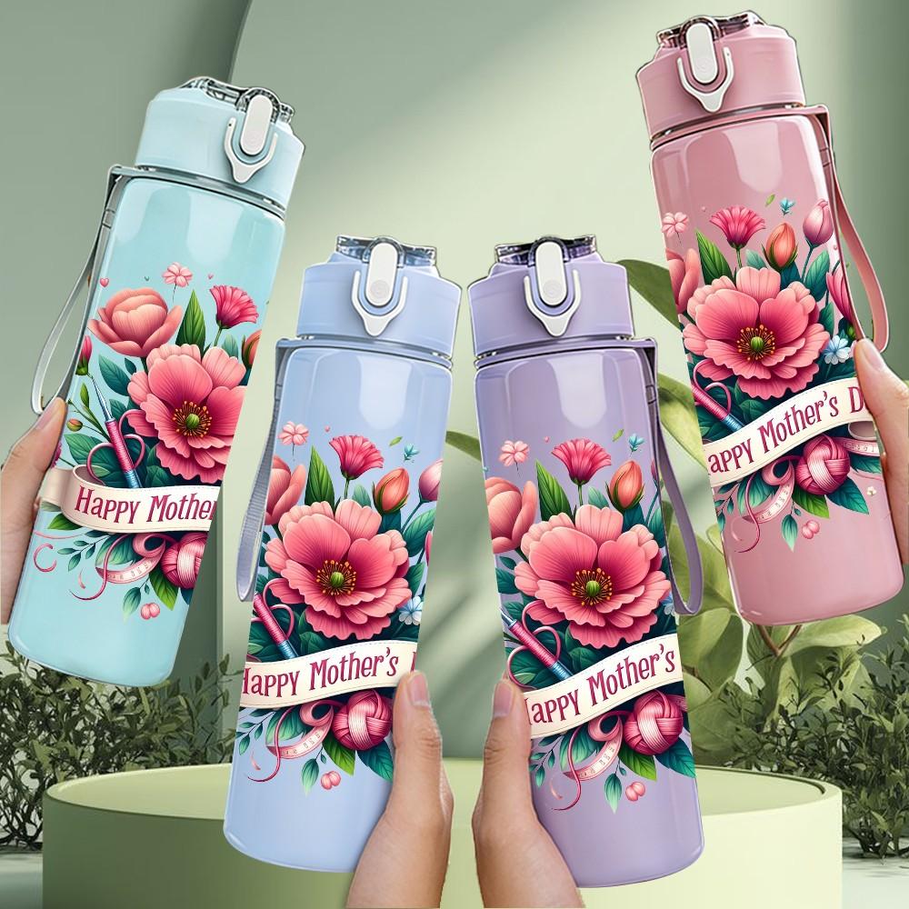 1PC Peony Rose Bouquet Floral Pattern 750ml Color Plastic Sports Water Bottle Leakproof Flip Straw Lid Suitable for Sports Office Home Use