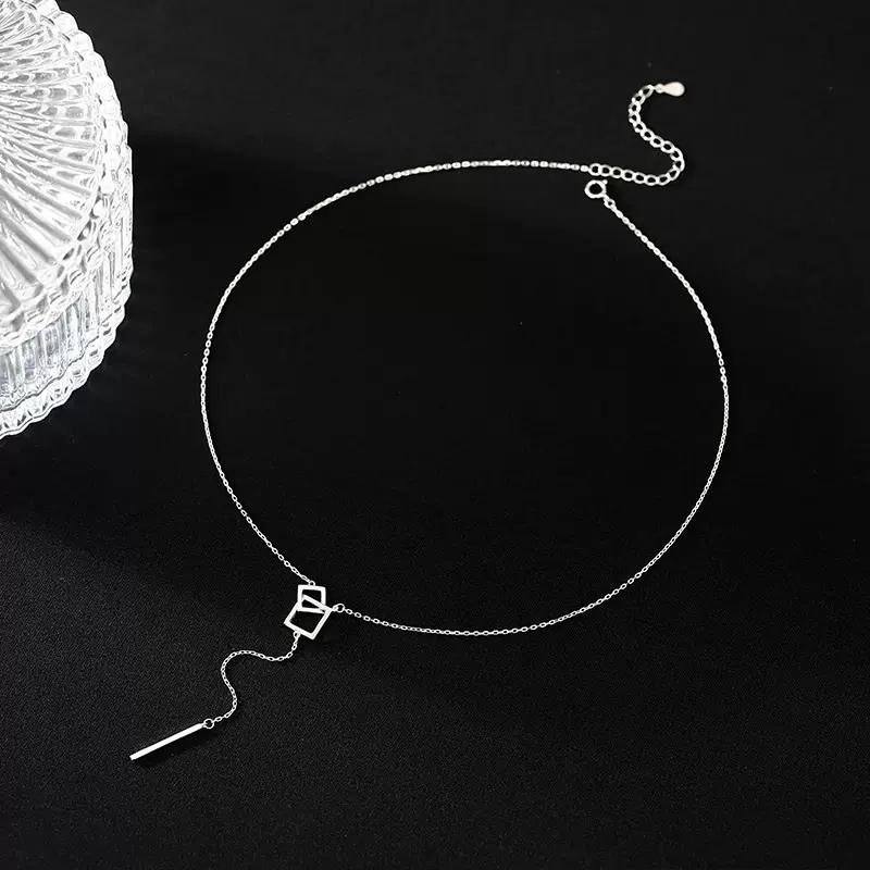 925 Silver Geometric Square Necklace Long Tassel Chain Wedding Jewelry Sweater Chain for Women