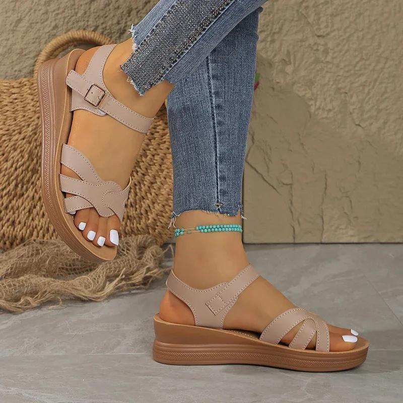 Fashion Women's Sandals Fashion Cross Strap Open Toe Sandals Women Shoes New Buckle Med Heel Wedge Sandals Female Summer Non-Slip Shoes