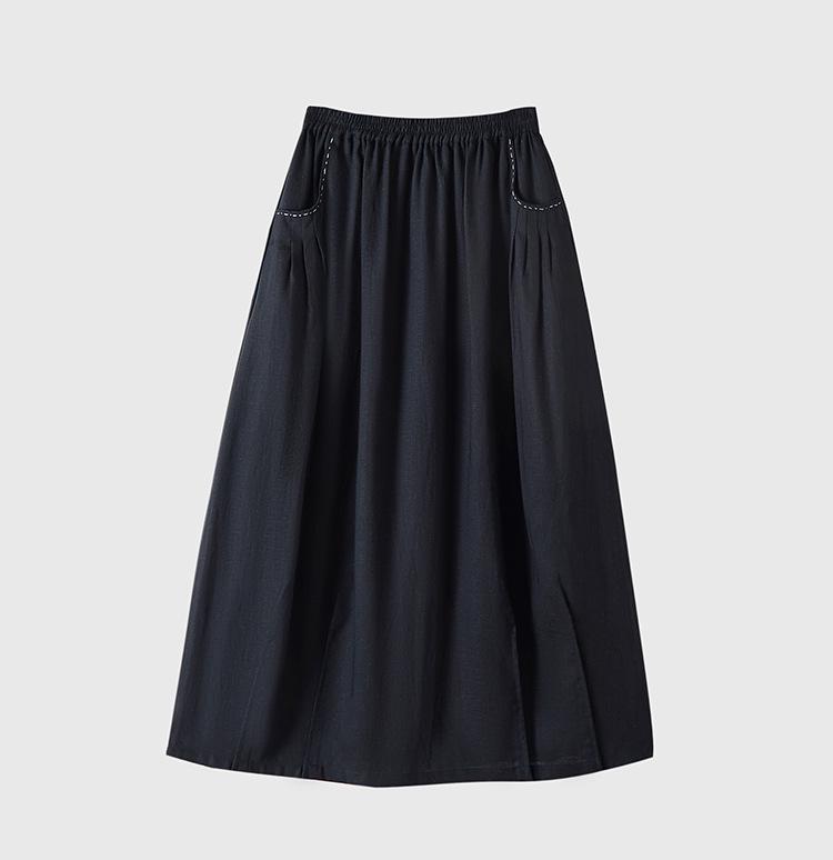 

Women’s French Linen Tencel Midi Skirt - Slimming Elastic Waist, Solid Color Bell Shape, Autumn Style Medium чёрный