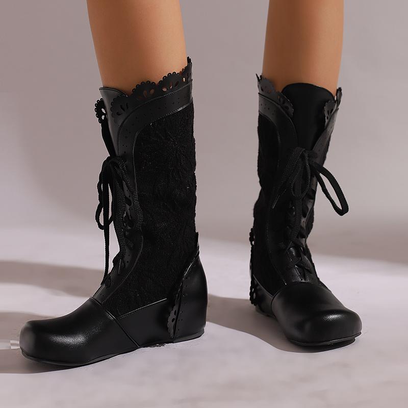 Fashion Women Victorian Boots Calf High Goth Booties Lace Up Cosplay Costume Witch Medieval Renaissance Vintage Shoes