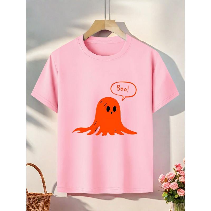 Европейские размеры   Футболка с принтом Оранжевый Призрак и BOO - Повседневный летний топ с коротким рукавом и круглым вырезом, Легкая дышащая ткань, 164cm розовый