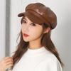 Octagonal Cap Women Adjustable Faux Girls Retro Peaked Beret Cap Leather Hats Solid Color Winter Autumn