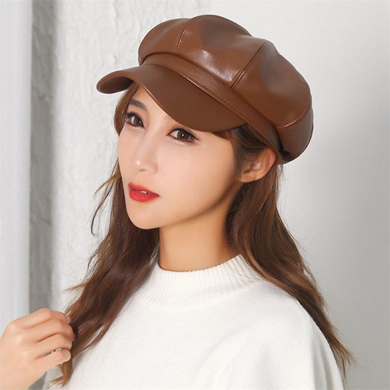 Octagonal Cap Women Adjustable Faux Girls Retro Peaked Beret Cap Leather Hats Solid Color Winter Autumn