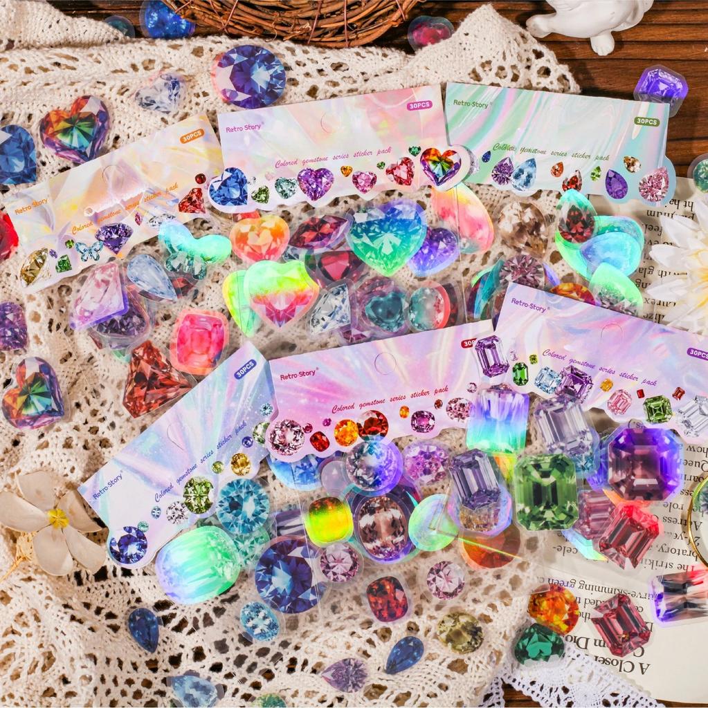 30 Pcs INS Cartoon Gemstone Sticker Pack Scrapbooking Material DIY Decorative Diary Album Aesthetic Stationery Labels Stickers