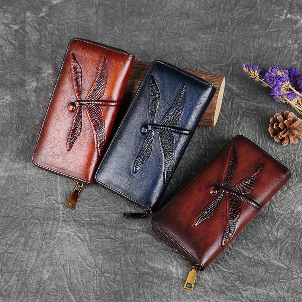 Portafoglio Lungo da Donna Portamonete con Zip Vera Pelle Porta Documenti/Carte di Credito Contanti Design Libellula Retrò Borsa Portadeni in Pelle di Mucca da Donna