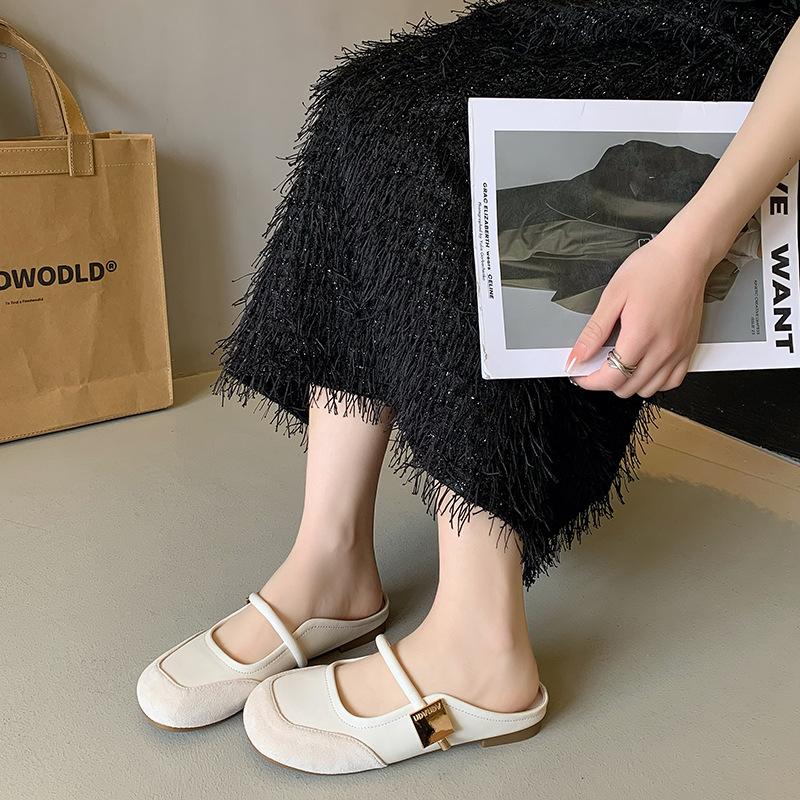 

Женские тапочки Baotou, летние новые французские элегантные туфли с круглым носком, удобные плоские мюли, женские повседневные легкие туфли Мэри Джейн 38