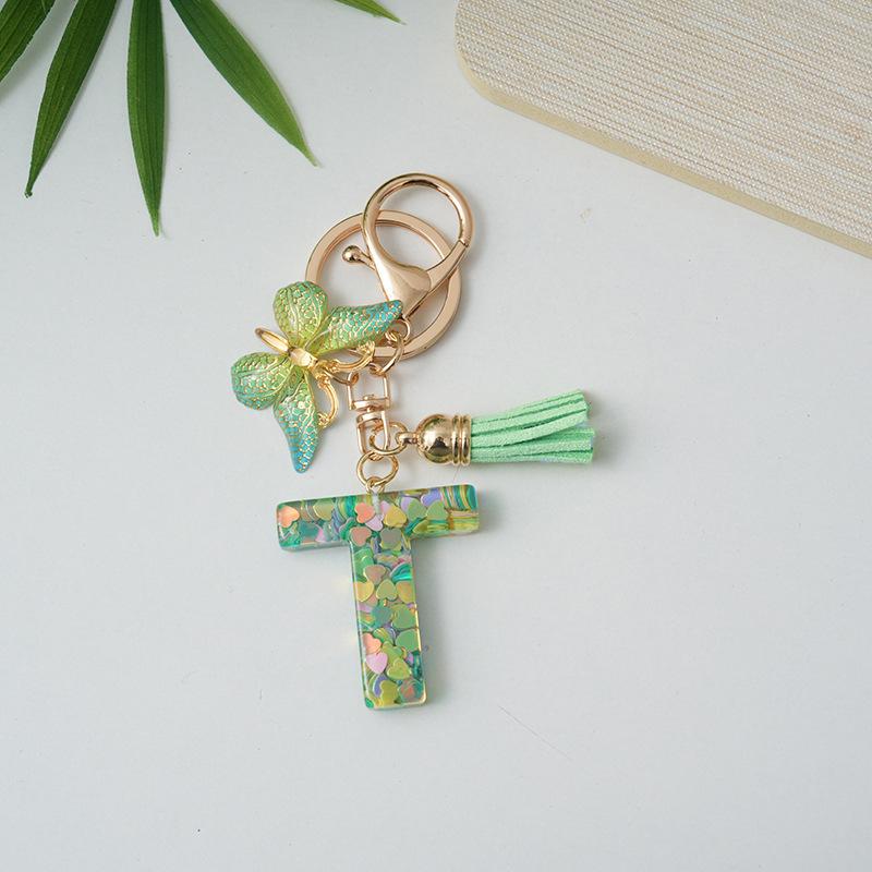 A-Z Initial Letter Keychain Green Butterfly Tassel Letter Charm Bag Pendant Couple Key Holder Pendant For Friend Gifts