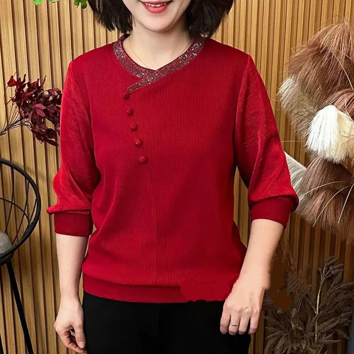 

New Spring Asymmetrical Hem Rhinestone Top for Middle-Aged & Elderly Women – Stylish Long Sleeve Mother s Wear 3XL (121-130 lbs)
