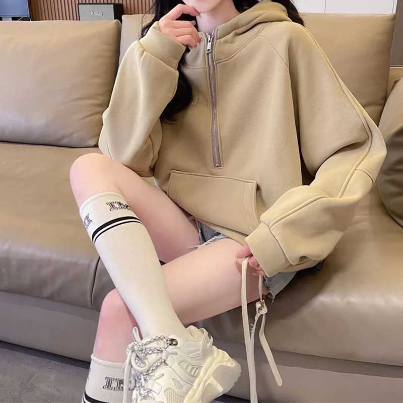 Sweatshirt for Women Cotton Solid Color Hooded Thickened Loose Round Neck Casual Pullover Long Sleeve Top Sweatshirt