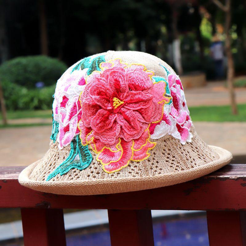 Vår og sommer etnisk vind broderi blomst sammenleggbar hatt dame strikkelue sandbøttehatt