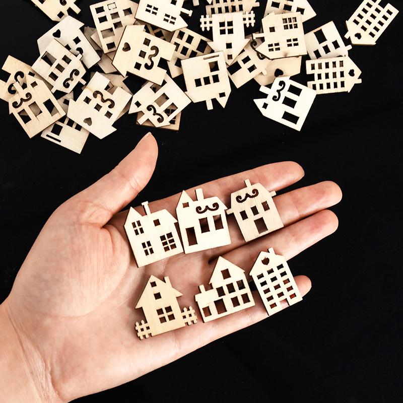 50Pcs Christmas Wooden House DIY Craft Xmas Tree Hanging Ornaments Pendant 2024 Christmas Decoration for Home New Year Kids Gift