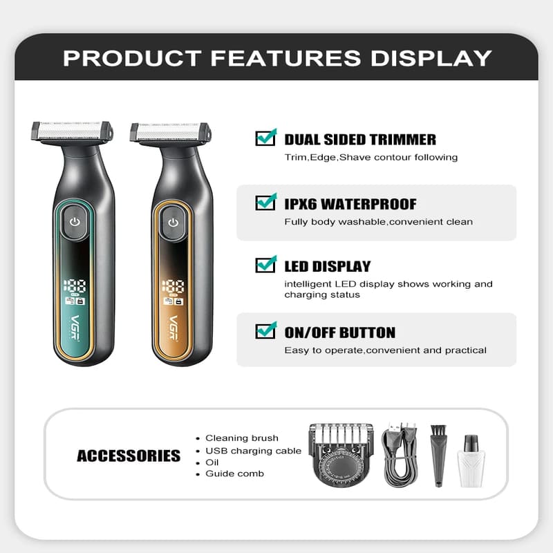 Original VGR V-360 Hair Trimmer IPX6 Waterproof Household Rechargeable Adjustable Razor Full Body Washable Reciprocating Men's Beard Trimmer Shaver