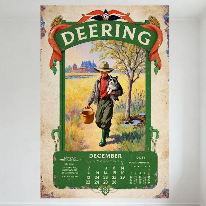 

Vintage Deering December Calendar Metal Tin Sign - Early 20th Century Style, Wheat Sheaves, Husky Dog, Manor Scene, Home Office 20x30cm（7.8x11.8inch）