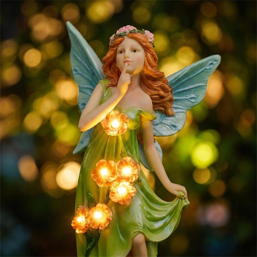 Resin Fairy Figurine Garden Decoration Solar Powered Night Light Outdoor Patio Yard Miniature Landscape Ornament