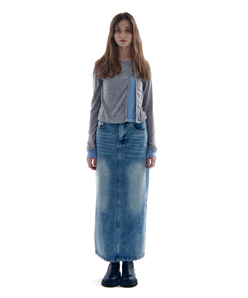 PLACE STUDIO Classic Vintage Washed Slit Long Denim Skirt [Light Blue]