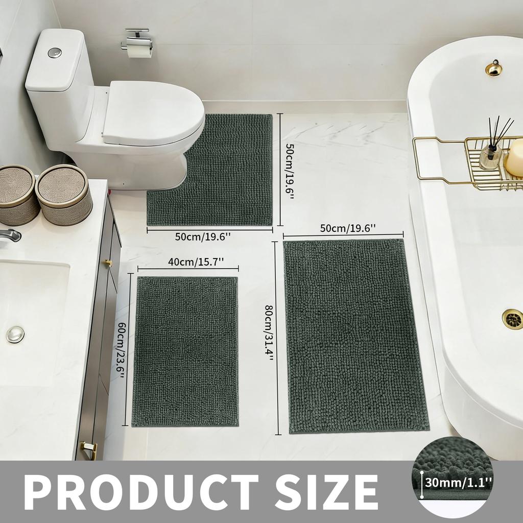 1/2Piece Loop Bath Mats for Bathroom Non Slip Chenille Bath Mat Set Rugs with Water Absorbent Pedestal Bathmat Shower Toilet Mat