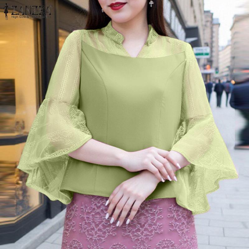 ZANZEA Women Casual V-Neck 3/4 Sleeve Mesh Patchwork Blouse