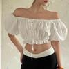 Women's White Off-Shoulder Crop Top - Ruffled Puff Sleeves Elastic Waist