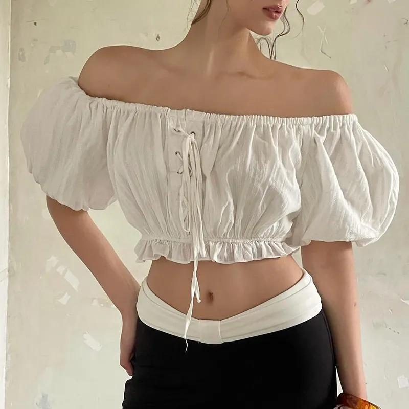 Women's White Off-Shoulder Crop Top - Ruffled Puff Sleeves Elastic Waist