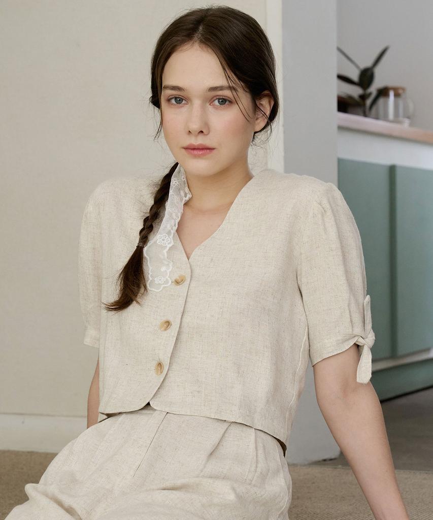 BIBYSEOB Linen Ribbon Tie Shirt Beige [T42]