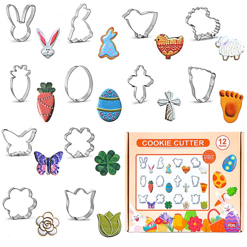 12-Piece Stainless Steel Cookie Cutter Set: Easter, Rabbit, Dinosaur, Christmas