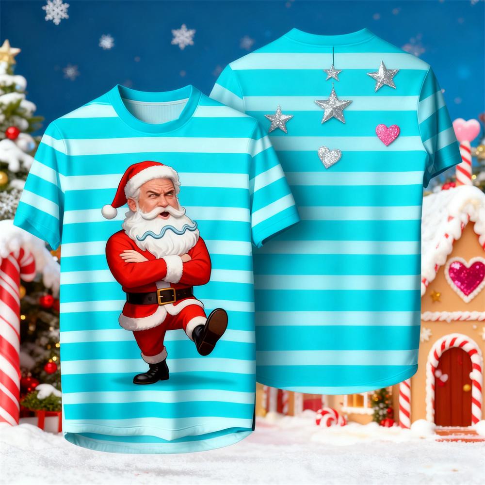 Christmas-Themed Men's Crew Neck Short-Sleeve T-Shirt 3D Santa Claus Striped Print Unisex Comfortable Breathable T-Shirt