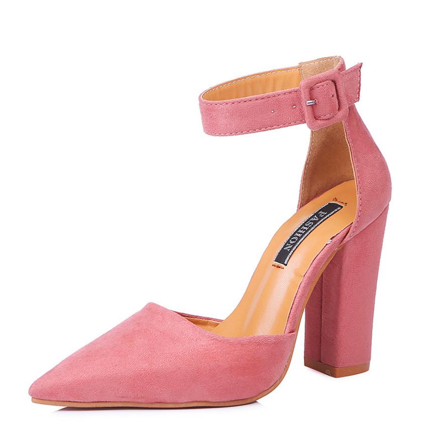 Fibbia Cinturino Caviglia Sandali Sexy da Donna Tacco Spesso Scarpe Estive Rosa Nero Floccato Punta Appuntita Tacchi Alti Donna Scarpe a Tacco Alto da Festa Matrimonio