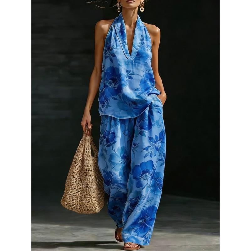 1116 set European and American women's clothing printed neck V-neck sleeveless casual pants set