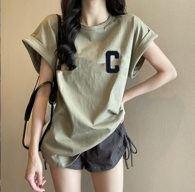 Women's Round Neck Flying Sleeve T-Shirt Loose Letter Printed Pullover Casual Korean Style Short Sleeve Top