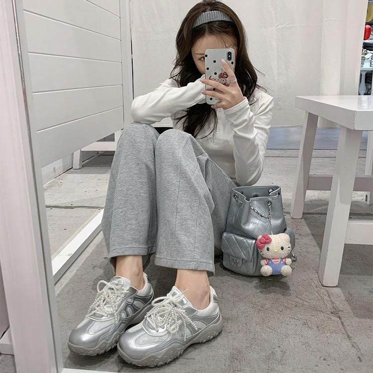 Cowhide Version~ Grape Mother, a New Color Is Coming, the Inner Crescent Bottom Is Heightened, Lace Pearl Casual Moral Training Shoes, Women's Forr